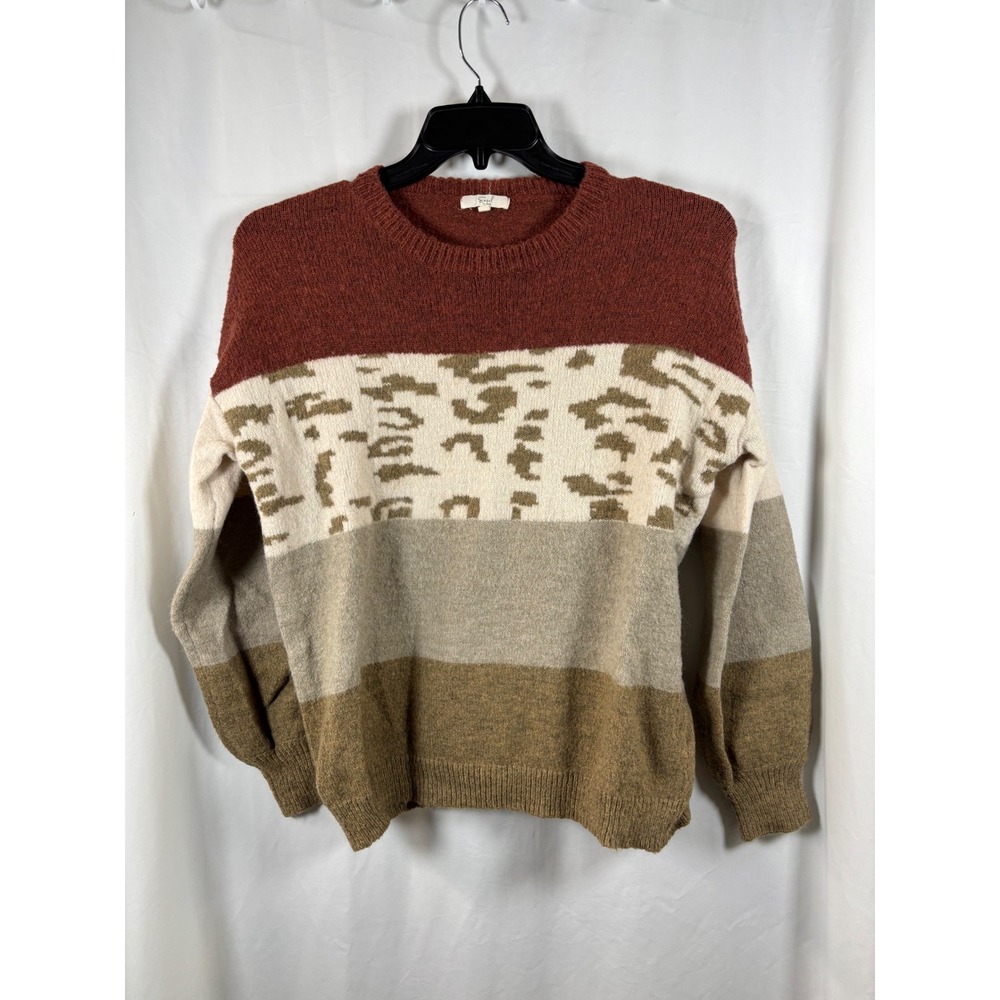 Easel Womens Medium Colorblock Leopard Print Knit Sweater Rust Cream Olive Taupe
